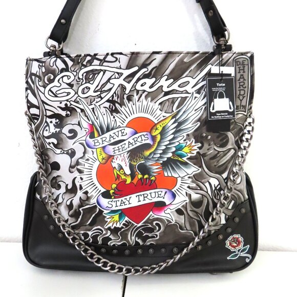 Ed Hardy Black Red Graphic Large Satchel Tote logo skull stud eagle - Picture 2 of 9